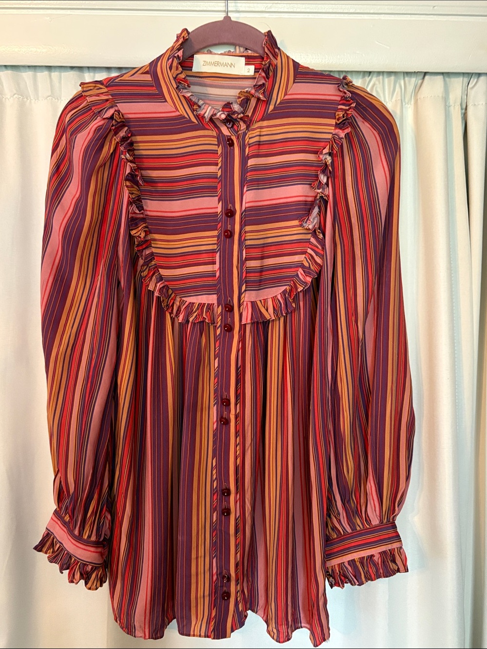 Zimmermann Pink Red Orange Striped Ruffle Blouse As seen on Drew Barry Sz 2